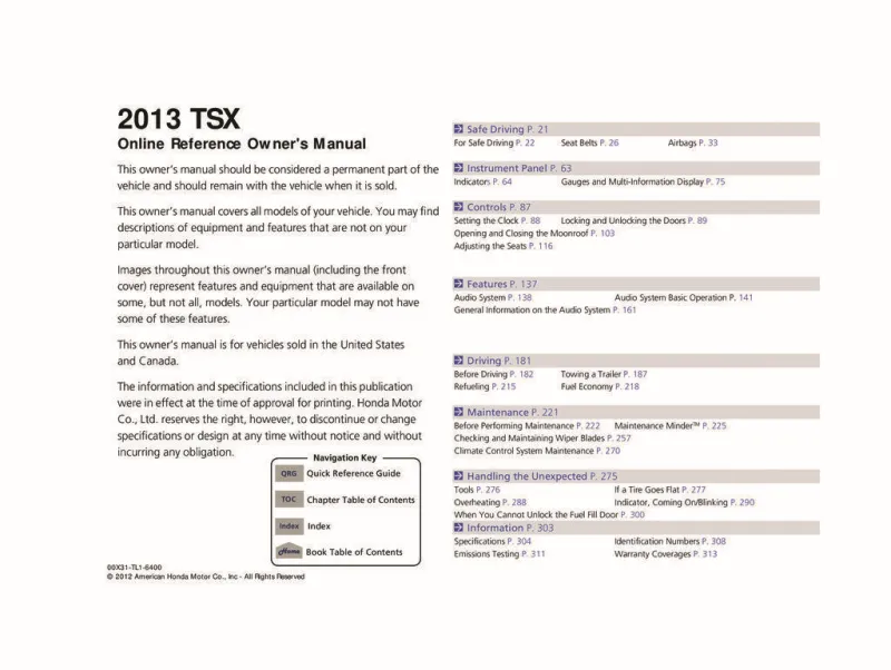 2013 Acura Tsx owners manual