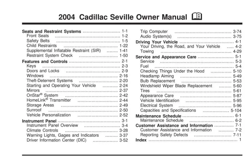 2004 Cadillac Seville owners manual