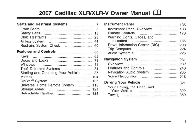 2007 Cadillac Xlr owners manual