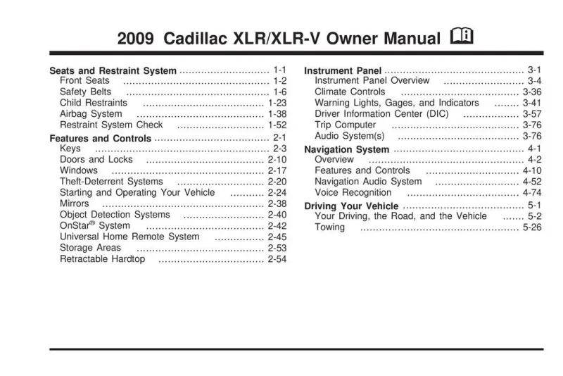 2009 Cadillac Xlr owners manual