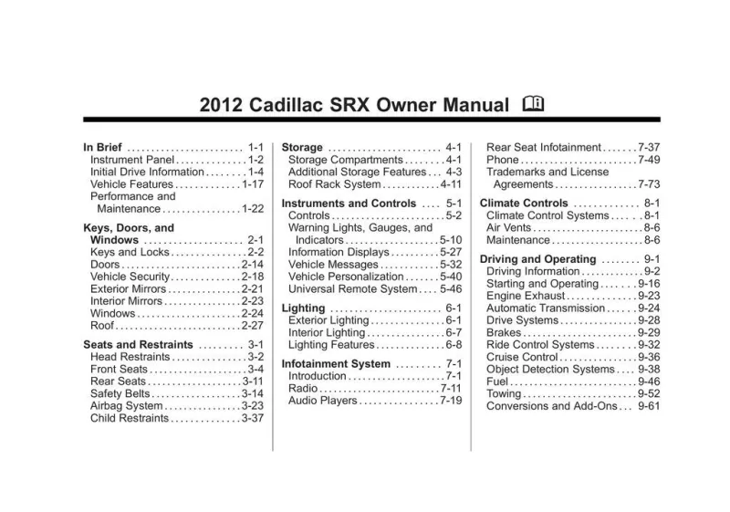 2012 Cadillac Srx owners manual