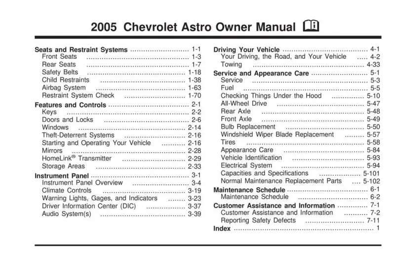 2005 Chevrolet Astro owners manual