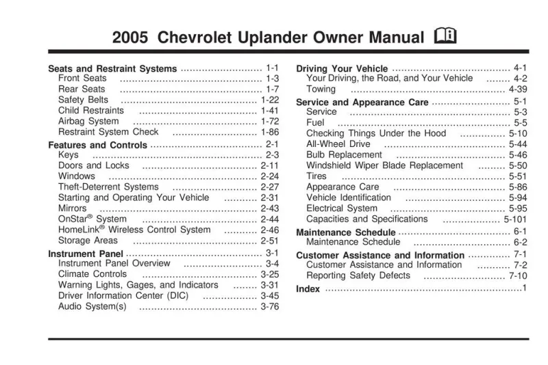 2005 Chevrolet Uplander owners manual