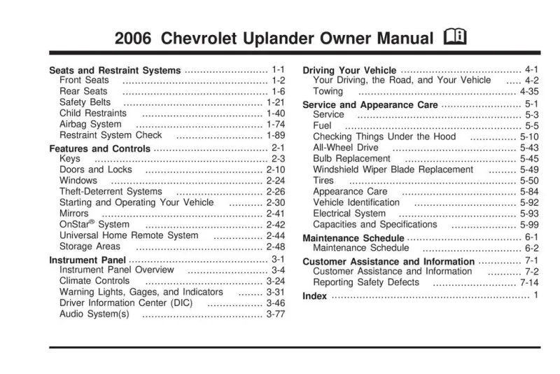 2006 Chevrolet Uplander owners manual