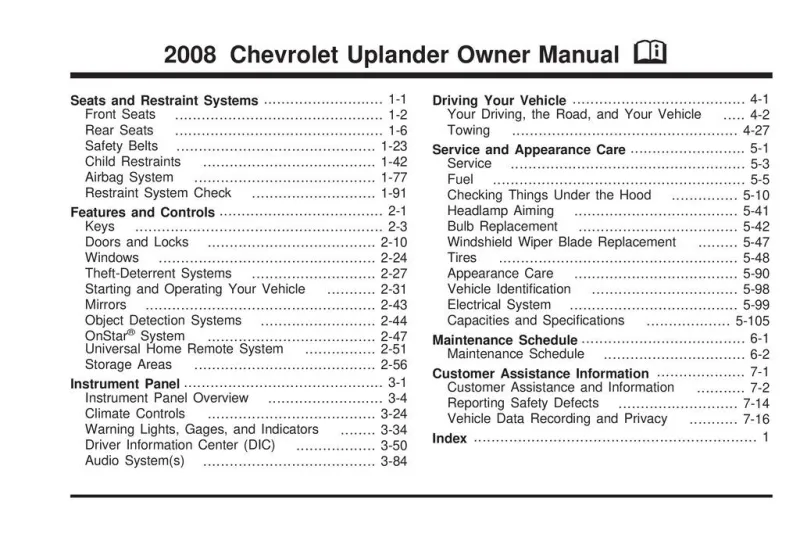 2009 Chevrolet Uplander owners manual