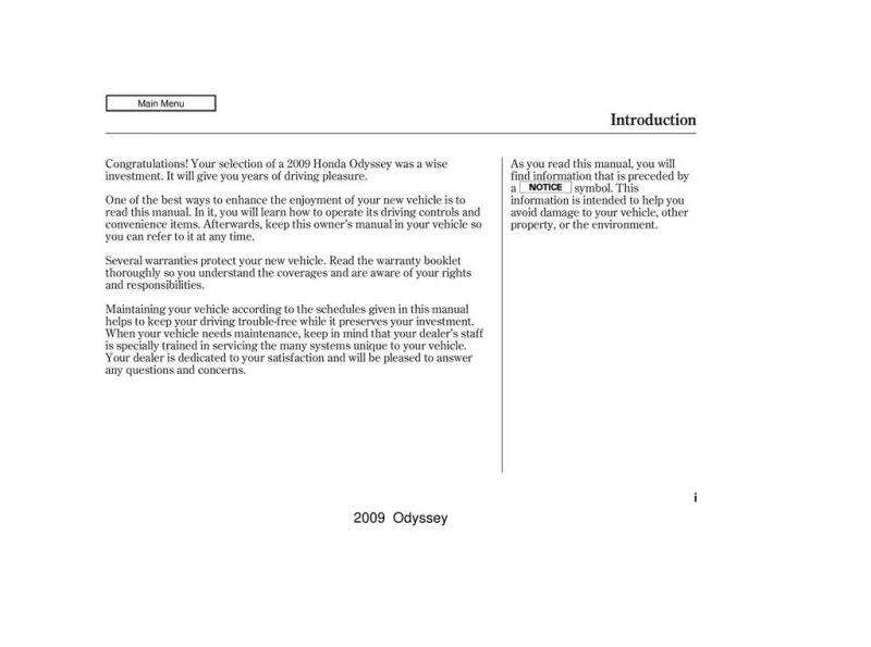 2009 Honda Odyssey owners manual