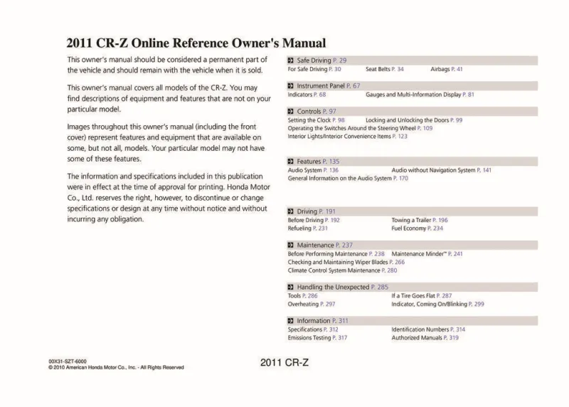 2011 Honda CrZ owners manual
