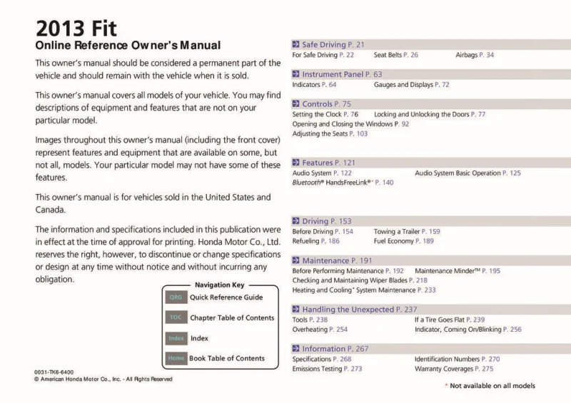 2013 Honda Fit owners manual