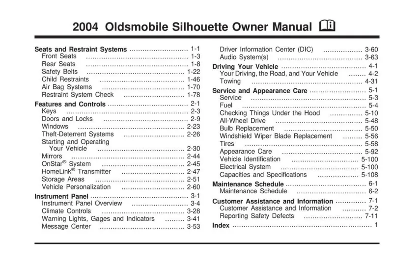 2004 Oldsmobile Silhouette owners manual