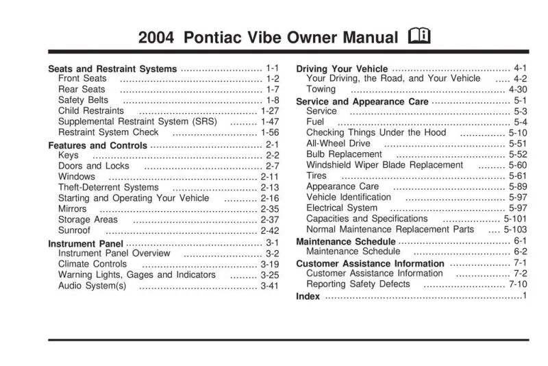 2004 Pontiac Vibe owners manual