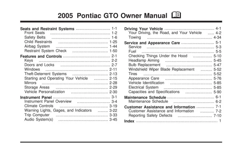 2005 Pontiac GTO owners manual