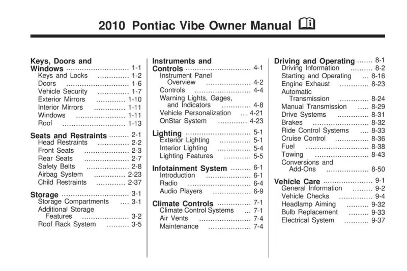2010 Pontiac Vibe owners manual