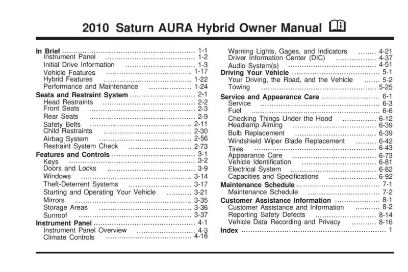 2010 Saturn Aura Hybrid owners manual