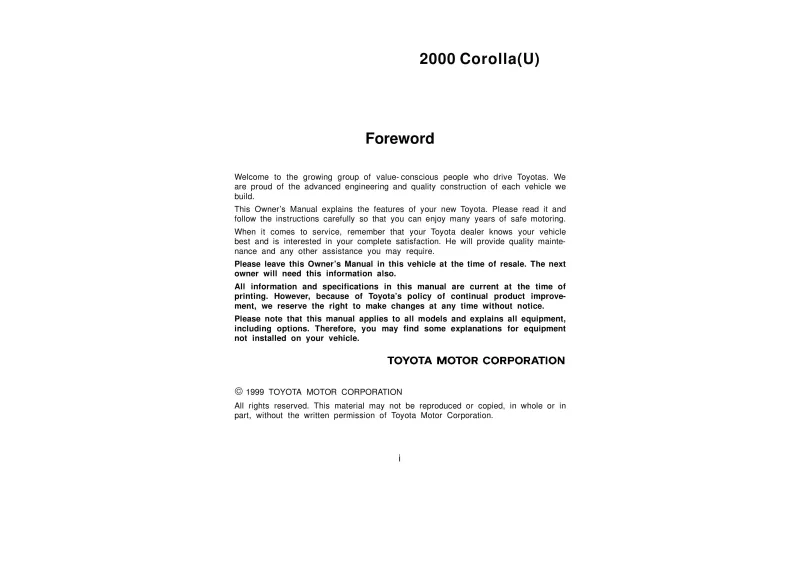 2000 Toyota Corolla owners manual