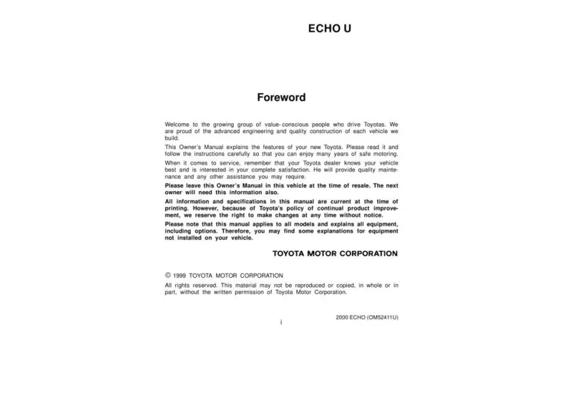 2000 Toyota Echo owners manual