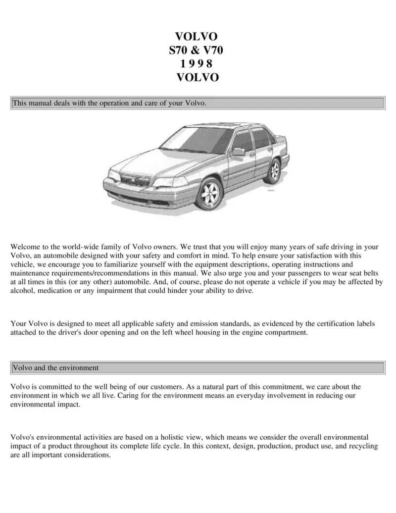 1998 Volvo S70 V70 owners manual