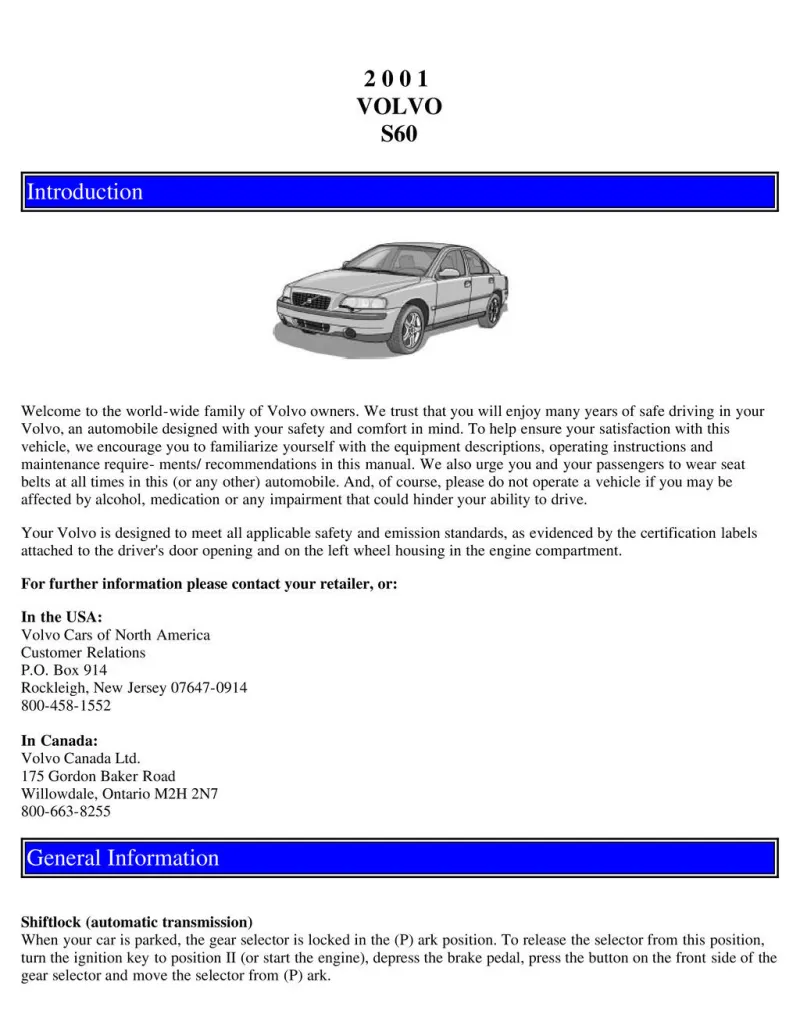 2001 Volvo S60 owners manual