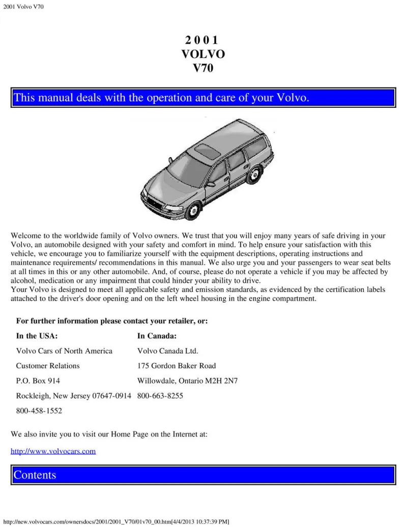 2001 Volvo V70 owners manual