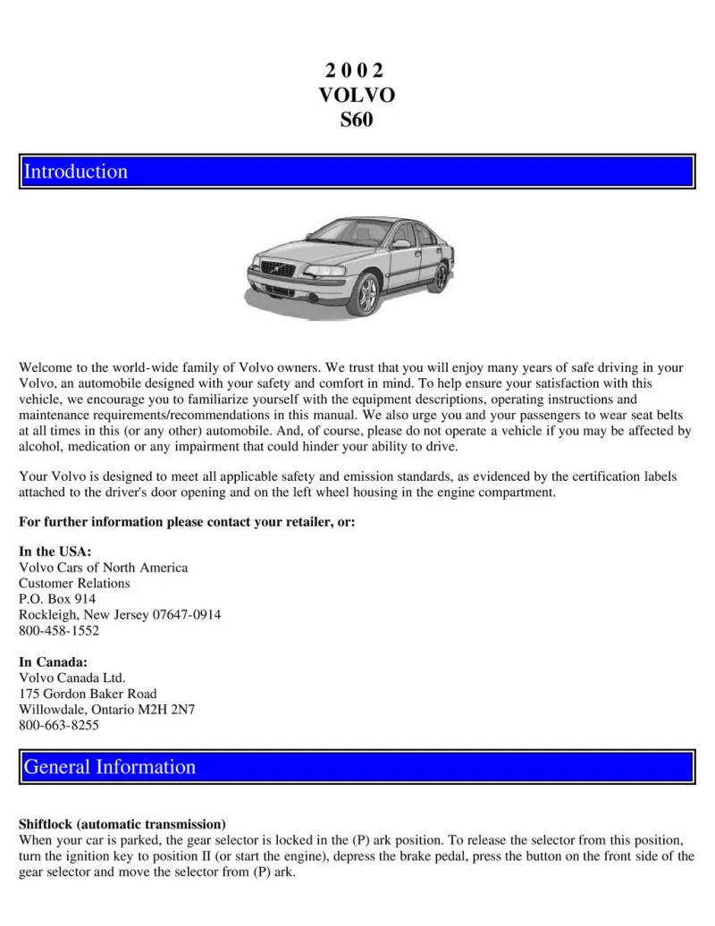 2002 Volvo S60 owners manual