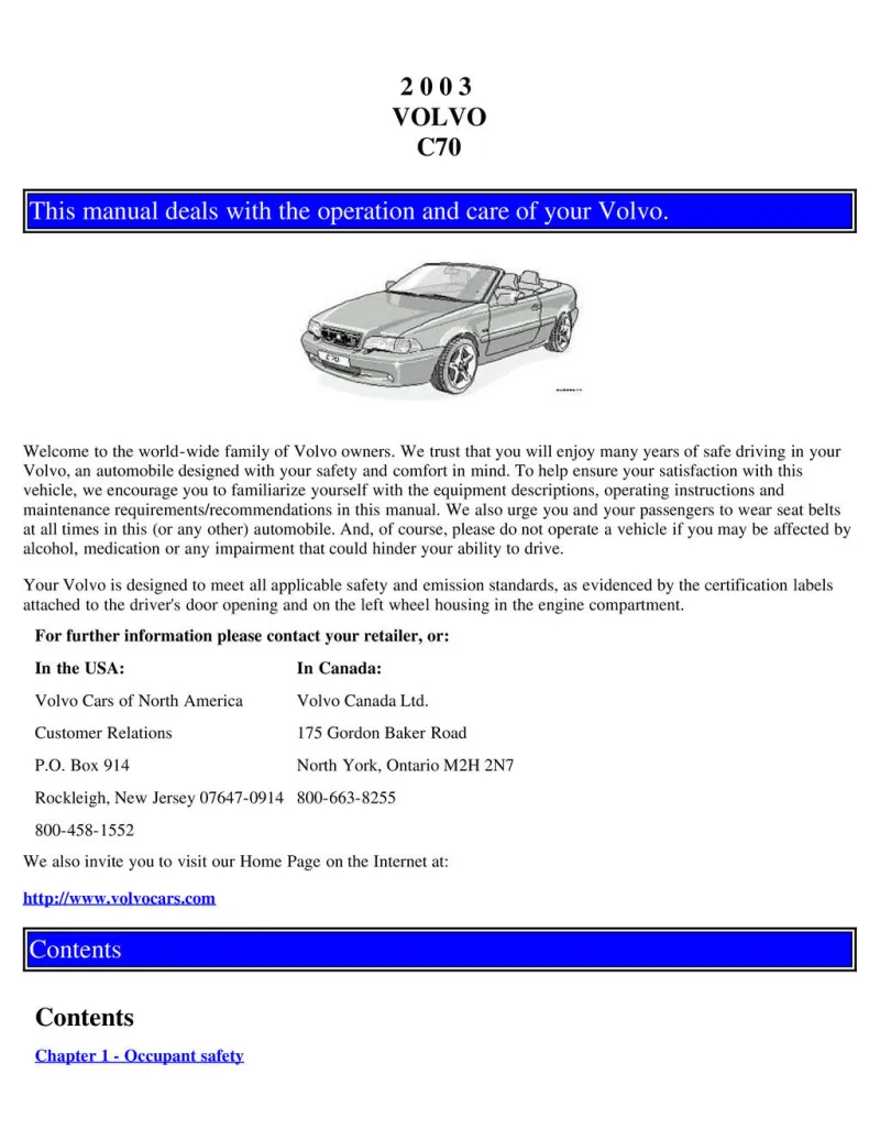 2003 Volvo C70 owners manual