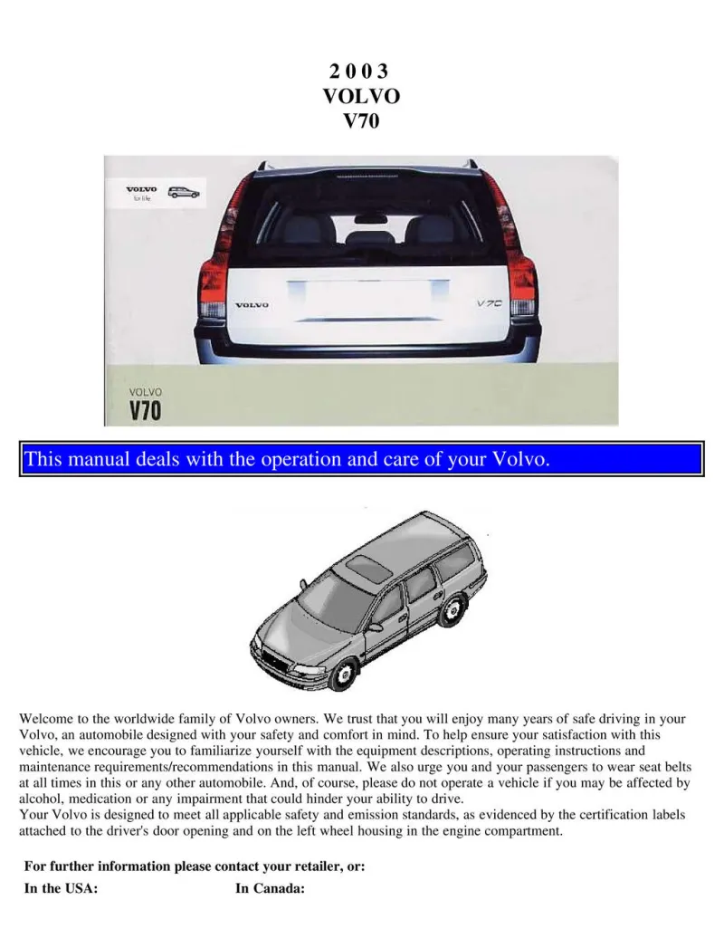 2003 Volvo V70 owners manual