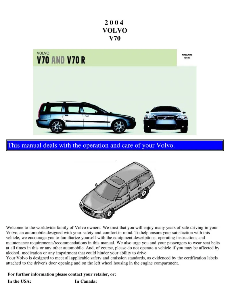 2004 Volvo V70 V70r owners manual